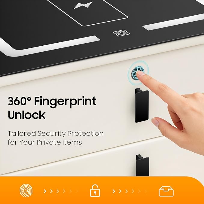Smart Nightstand with Wireless Charging & Fingerprint Lock, 3-Drawer Bluetooth - Image 5