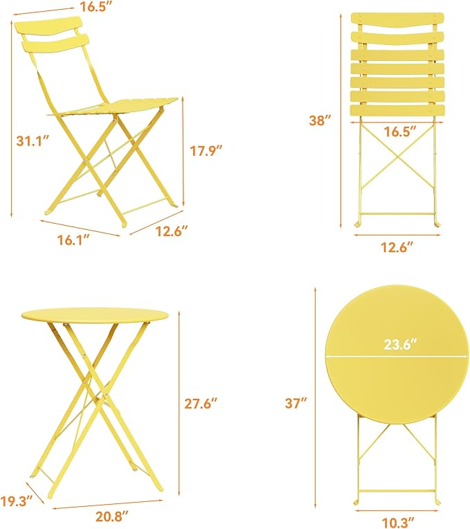 GarveeLife 3 Piece Patio Bistro Set, Folding Patio Bistro Table and Chairs Set - Image 8
