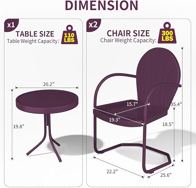 Patio Bistro Set Retro Metal Outdoor Seating Conversation 3 Pieces, 2 C-Spring - Image 2