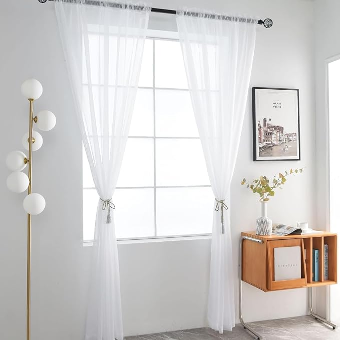 SpaceDresser Sheer White Curtains 4 Panels Rod Pocket Semi-Sheer Curtain 108 - Image 3