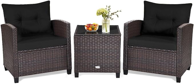 HAPPYGRILL 3 Pieces Patio Conversation Set, Outdoor Furniture Set PE Rattan by HAPPYGRILL