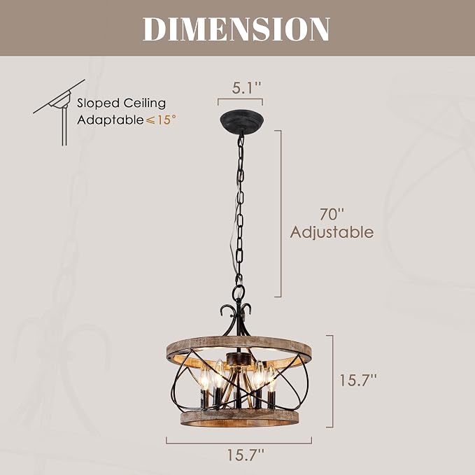 15.7" Farmhouse Chandelier, 5-Light Rustic Drum Chandelier Light Fixture Over - Image 7