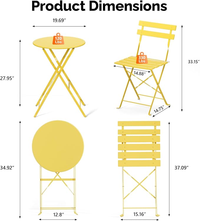 VINGLI Outdoor Folding Bistro Table and Chairs Set of 2, 3-Piece Bistro Set - Image 2