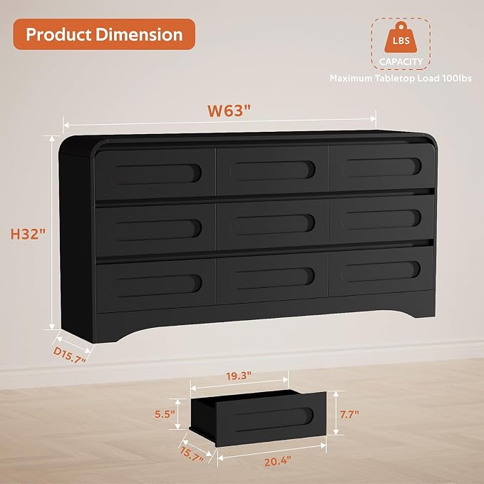 4 Piece Bedroom Set, Dresser and Nightstand Sets, Modern Wooden Large 9 Drawers - Image 4
