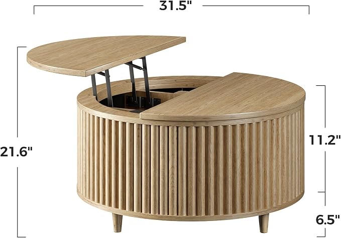 Evermagin 31.5'' Round Coffee Table, Fluted Lift Top Oak Coffee Table - Image 2