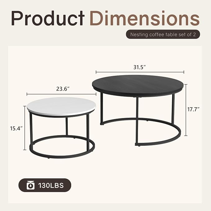 Otterease Nesting Tables Set of 2, 31.5" Round Coffee Table, Small Nesting - Image 2