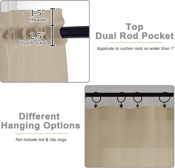 Kitchen Curtains 24 Inch Length Tier 2 Pieces, Taupe Sheer Curtain Solid Soft - Image 4