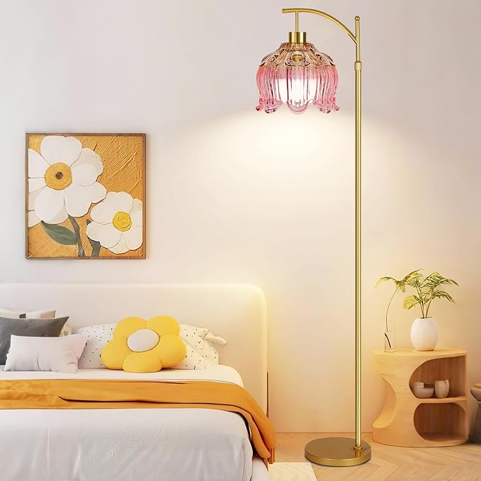 QIYIZM Pink Floor Lamp for Living Room, Glass Gold Dimmable Standing Lamp - Image 8