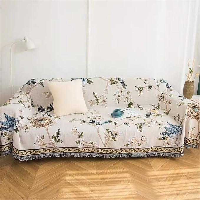 VClife Boho Beige Jacquard Couch Cover Modern Floral Bird Cotton Linen Slipcover by VCLIFE