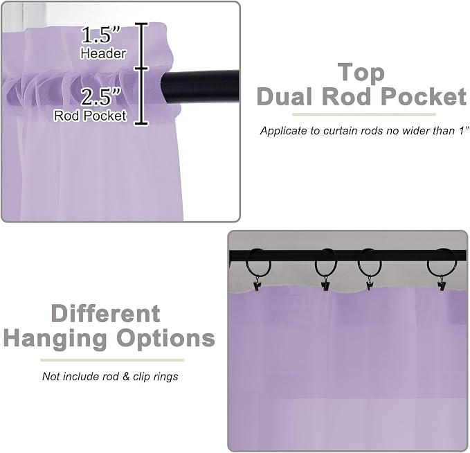 Lavender Sheer Curtain for Bedroom Living Room 78 Inches Long 2 Panels Set - Image 4