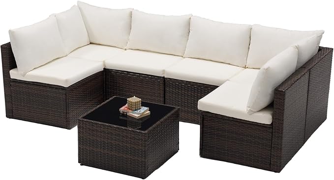 DUMOS 7 Piece Outdoor Patio Sectional Sofa, Modular Wicker Furniture Set - Image 9