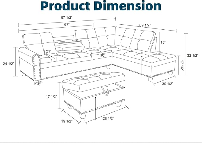 97.5" L Shaped Couch Set Linen, Modular Sectional Couches - Image 2
