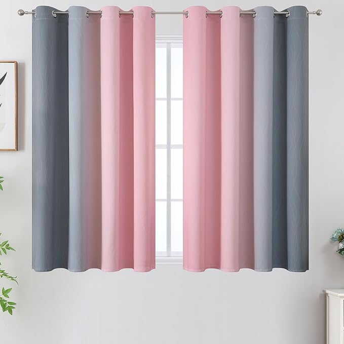 Pink and Grey Blackout Curtains 45 inches Long, Ombre Full Room Darkening - Image 2