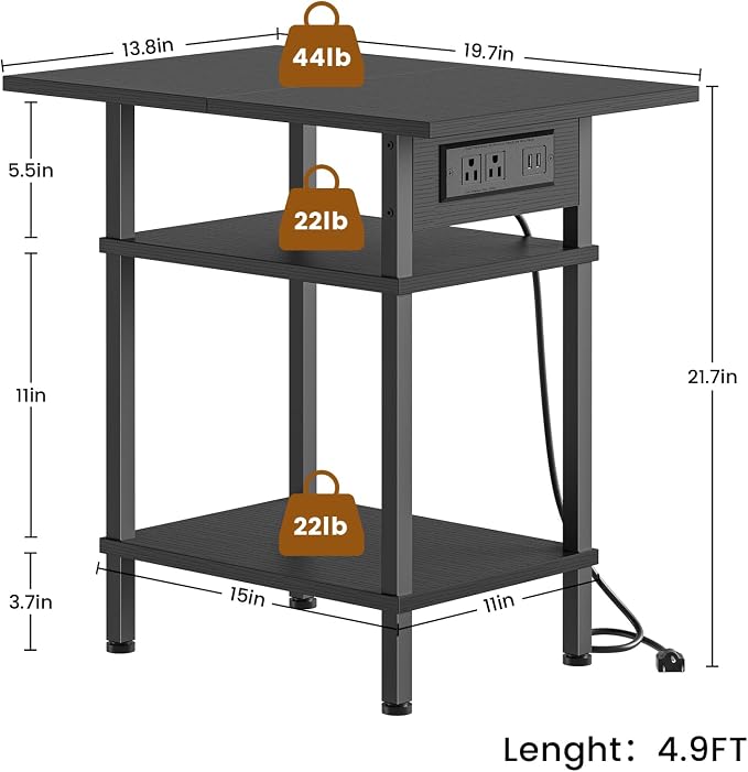 Asgolion Side Table with Charging Station, Skinny Nightstand with USB Ports and - Image 3