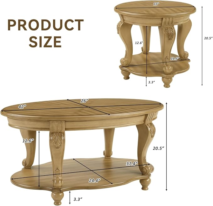 LKTART 3-Piece Coffee Table Set, Coffee Table and Round End Tables Set of 2 - Image 3