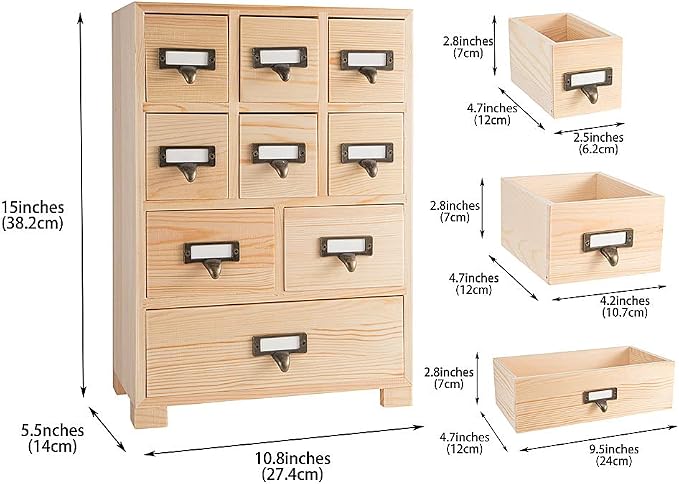 Apothecary Cabinet with 9 Drawers & Labels Rustic Library Card Catalog Cabinet - Image 3