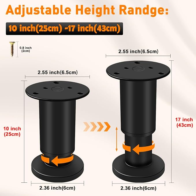 4 Pcs Adjustable Height Furniture Support Legs 10-17 inch, Metal Adjustable - Image 2