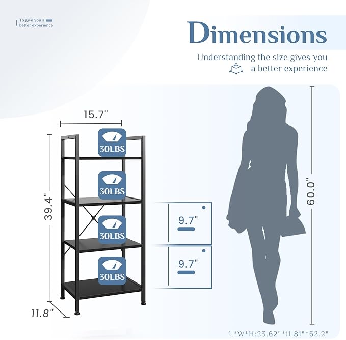 DUMOS 4 Tiers Open Bookshelf, Classic Freestanding Tall Display Shelf, Sturdy - Image 3