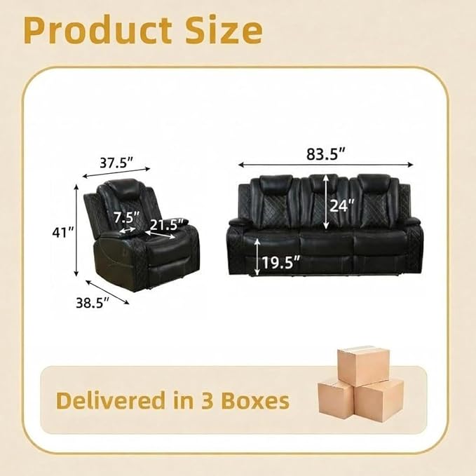 Power Recliner Sofa Set with LED Lights, Includes 2 Manual Recliner 1 Seat and - Image 7