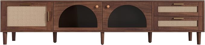 Merax Rattan TV Stand with LED Lights, Solid Wood Feet, Living Room, Bedroom - Image 7