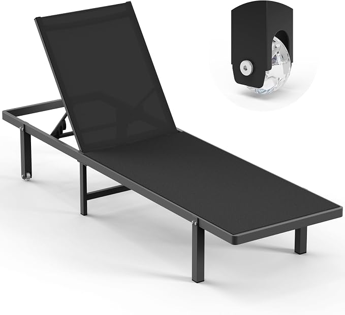 Lounge Chair Outdoor with Wheels, Aluminum Patio Chaise Lounge Chair with 5 by Oasbira