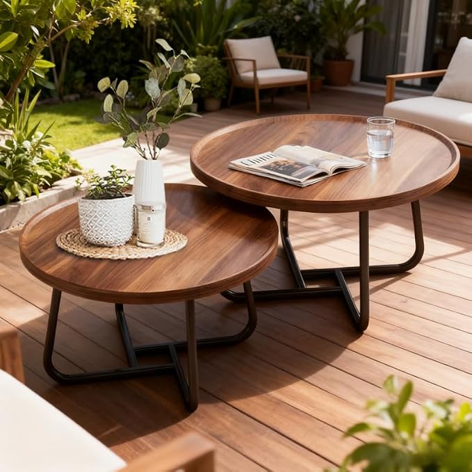 Round Nesting Coffee Table Set of 2, Mid Century Modern, Center - Image 5