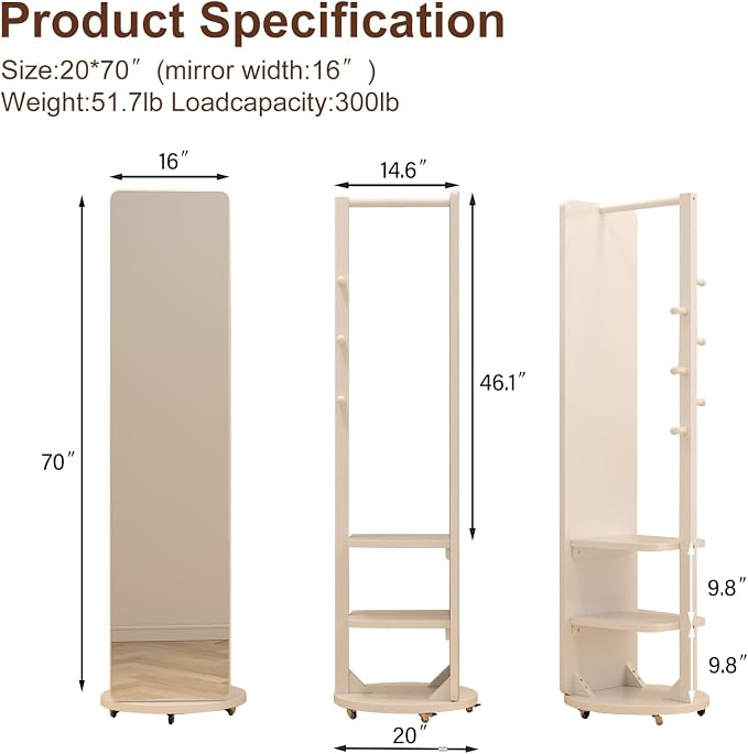 Muwuele Solid Wood Full Length Mirror Coat Rack, Floor Mirror - Image 6