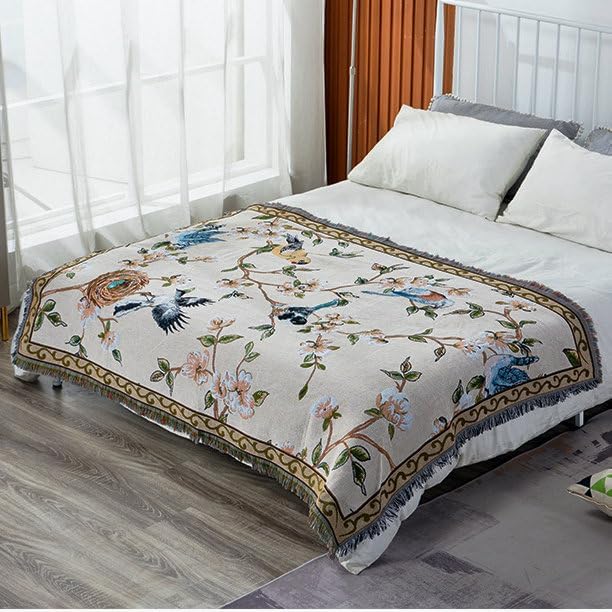 VClife Boho Beige Jacquard Couch Cover Modern Floral Bird Cotton Linen Slipcover - Image 3