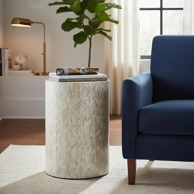 PEMAR Mother of Pearl Cylinder Drum End Table Nacre Side Stool Round Accent - Image 8