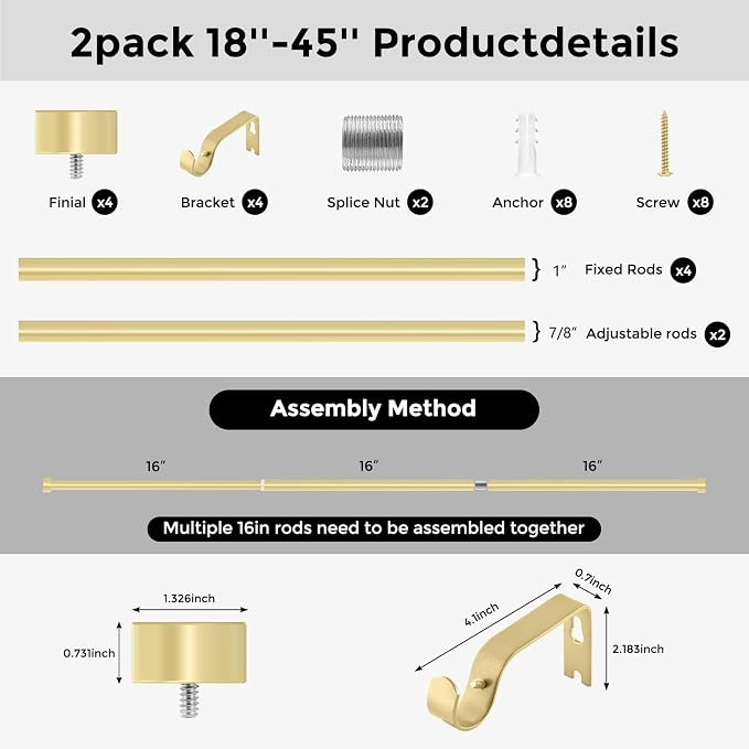 VOIIY 2 Pack Gold Curtain Rods for Windows 18 to 42 Inch, Size:18''-42'' - Image 8