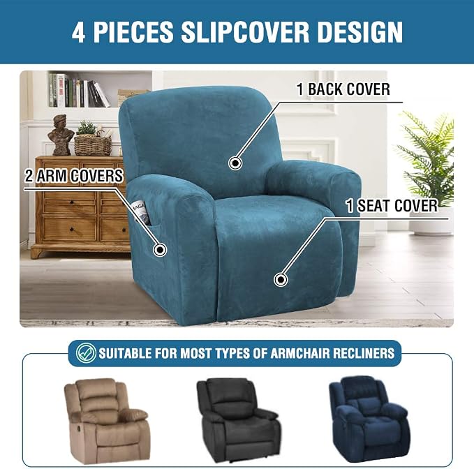 H.VERSAILTEX Velvet Stretch Recliner Couch Covers 4-Pieces Style Recliner Chair - Image 2