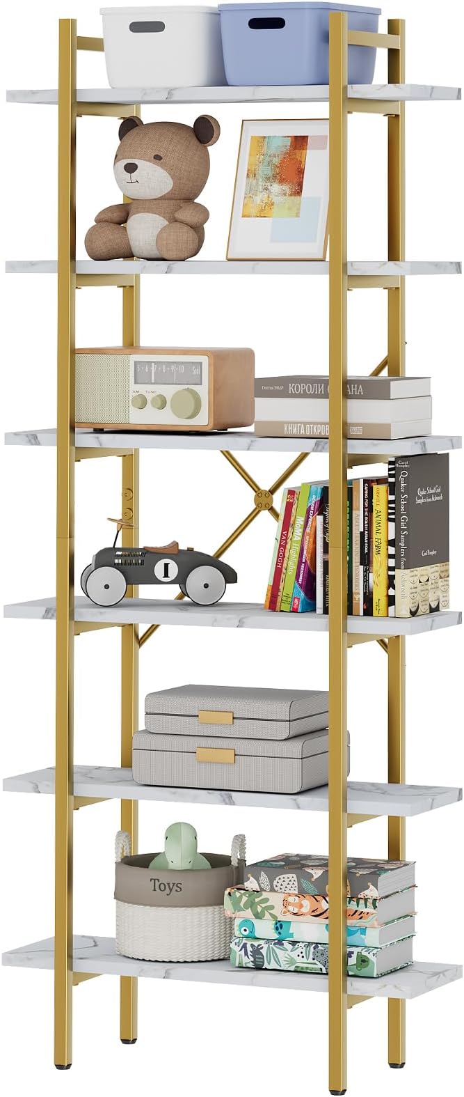6 Tiers Bookshelf Organizer White Faux Marble Shelf, Modern Open Display - Image 8