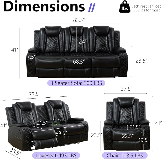 Power Reclining Sofa Set, Luxury Recliner Sofa & 2 Chairs - Image 2