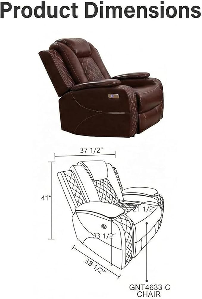 Power Recliner Chair with LED Lights, Leather Manual Recliner 1 Seat, Living - Image 2
