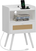 SUPERJARE Nightstand with Charging Station & Rattan-Like Decor Drawer, Rattan by SUPERJARE