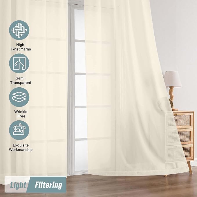 Cream Sheer Curtains 63 Inch Length 2 Panels, Voile Sheer Curtain - Image 5