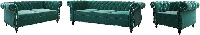 3 Piece Living Room Set, Velvet Chesterfield Sofa Loveseat Couch Chair - Image 9