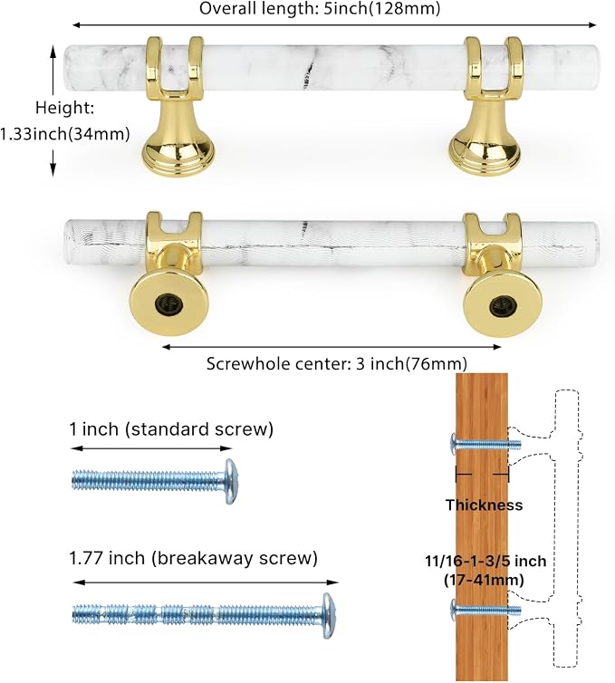 Rergy Cabinet Handles Marble Drawer Pulls and Knobs, T-Bar Hardware - Image 2