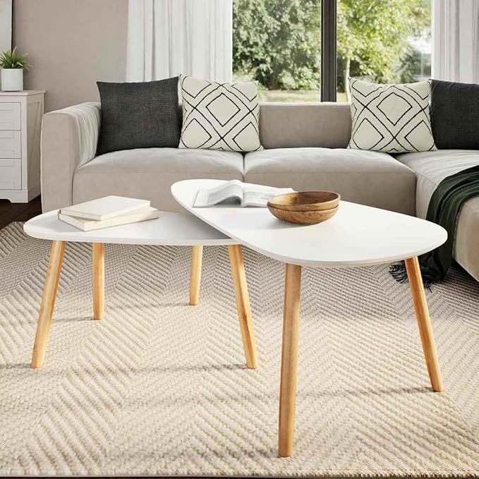 White Solid Pinewood and MDF Coffee Table Set of 2, Scandinavian Style Modern - Image 3