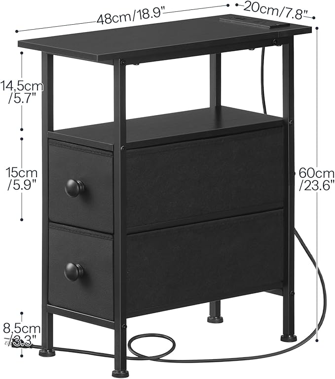 HOOBRO End Table with Charging Station, Narrow Side Table with 2 Fabric Drawers - Image 3