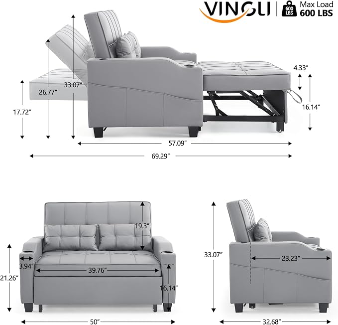 VINGLI Convertible Loveseat Sleeper Sofa, Light Grey Faux Leather Futon Sofa - Image 3