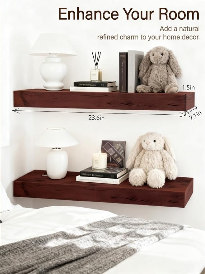 Solid Wood Floating Shelves, 23.6in Finished Real Wood Wall Shelves - Image 2