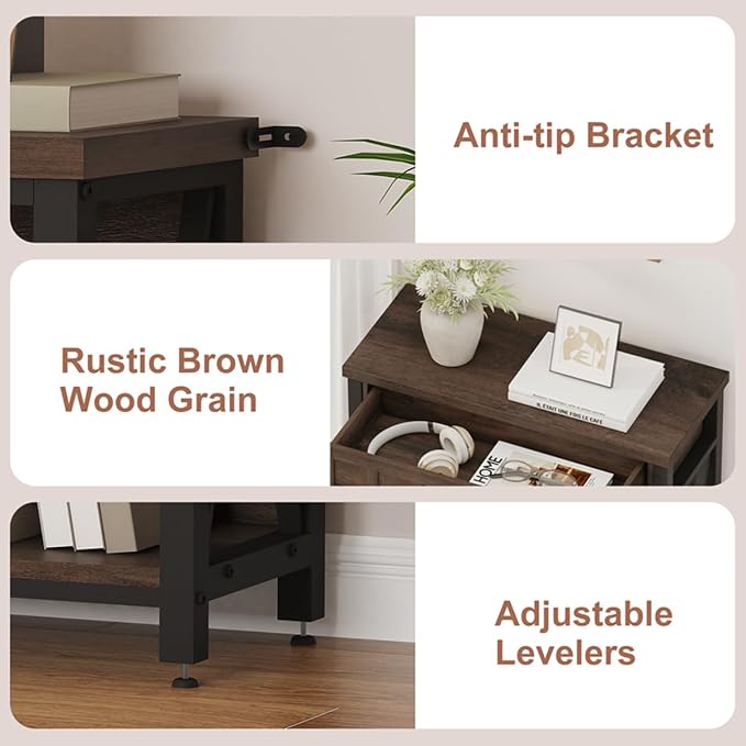 FATORRI Small Bookcase with Drawer, Industrial 3 Shelf Bookshelf, Wood and - Image 4