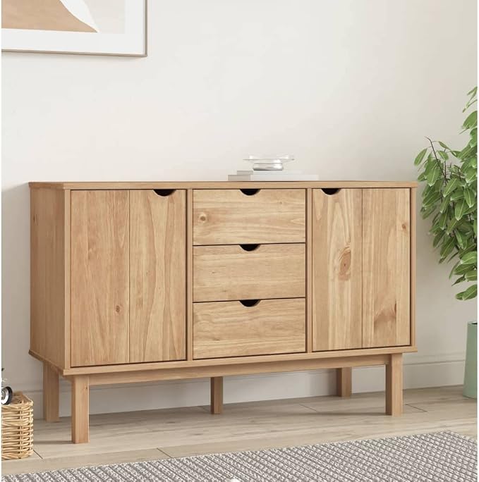Scandinavian Sideboard with 3 Drawers and 2 Doors in Warm Brown Solid Pine Wood by Unknown