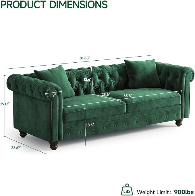 ONBRILL 82 Inch Chesterfield Sofa, 23 Inch Deep Seat Velvet Couch - Image 3