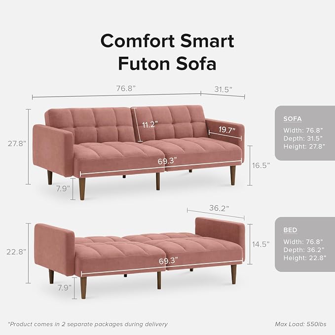 mopio Aaron 76.8" Couch, Small Futon Sofa Bed, Mid Century Modern Futon Couch - Image 2