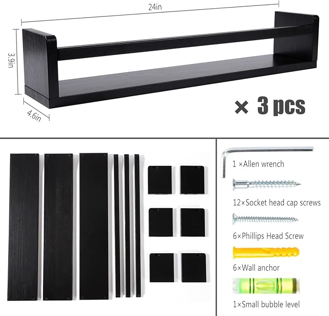 AZSKY Classic Nursery Book Shelves Black Wooden Floating Shelves Wall Bookshelf - Image 3