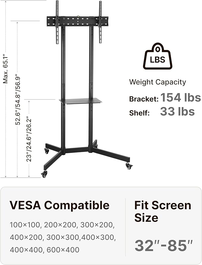Heavy-Duty Rolling TV Stand for 32–85" Screens — Supports 187 lbs, Stable - Image 6
