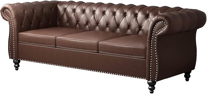 Mid-Century 3 Seater Sofa, Faux Leather Couch - Image 6