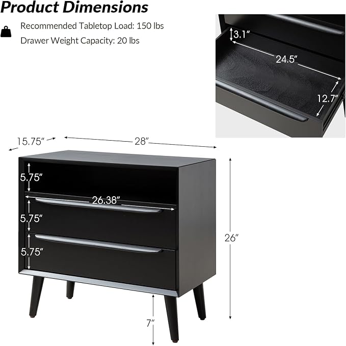 HULALA HOME End Table with Charging Station, Mid-Century Modern 2 Drawer and - Image 2